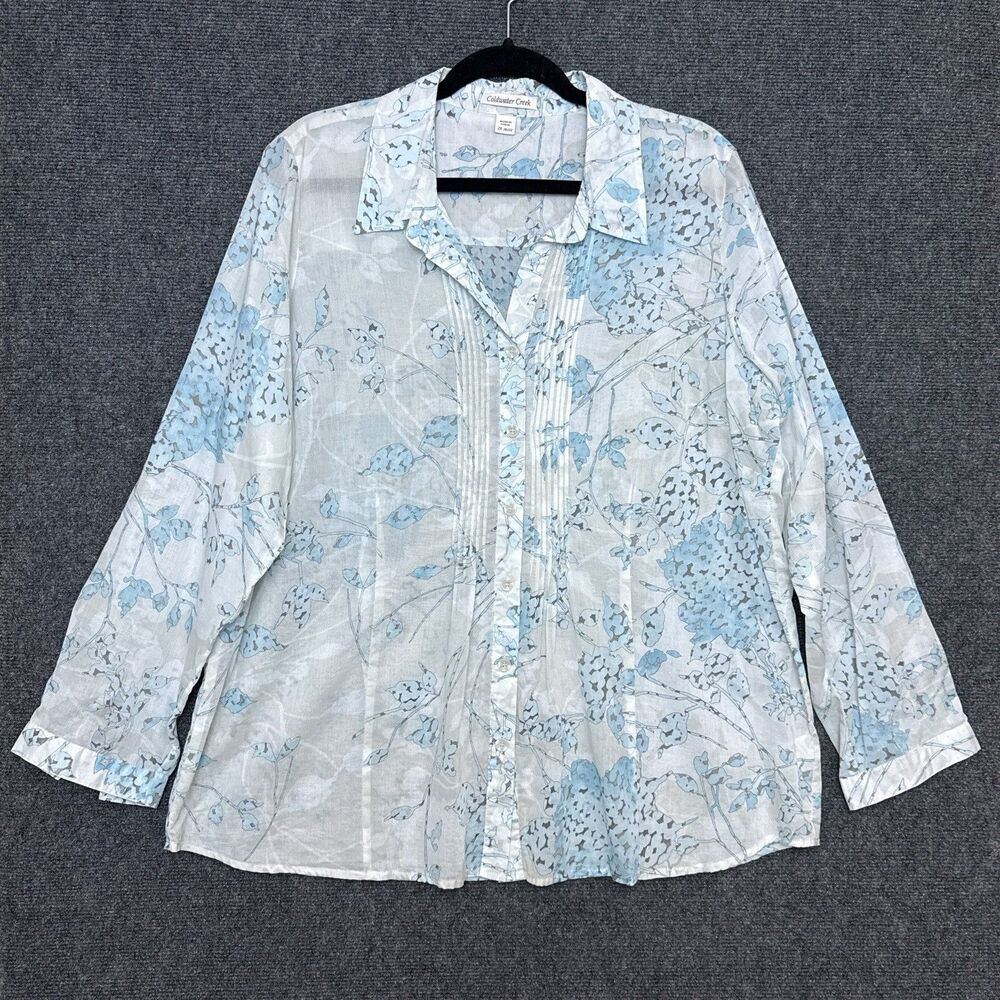 Coldwater Creek Womens Button Up 2X Light Blue Florals Long Sleeve Lightweight